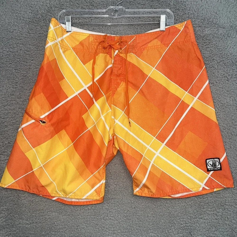 Body Glove Board Shorts Mens 34 Orange Surf Swim Trunks Bathing Bottom Spell Out
